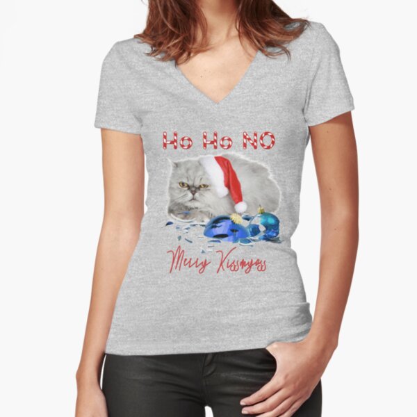 Funny Christmas Cat Merry Kissmyass Fitted V-Neck T-Shirt