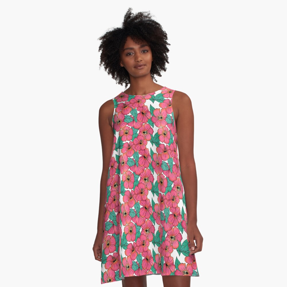 Tropical Floral Pink Hibiscus Pattern A-Line Dress