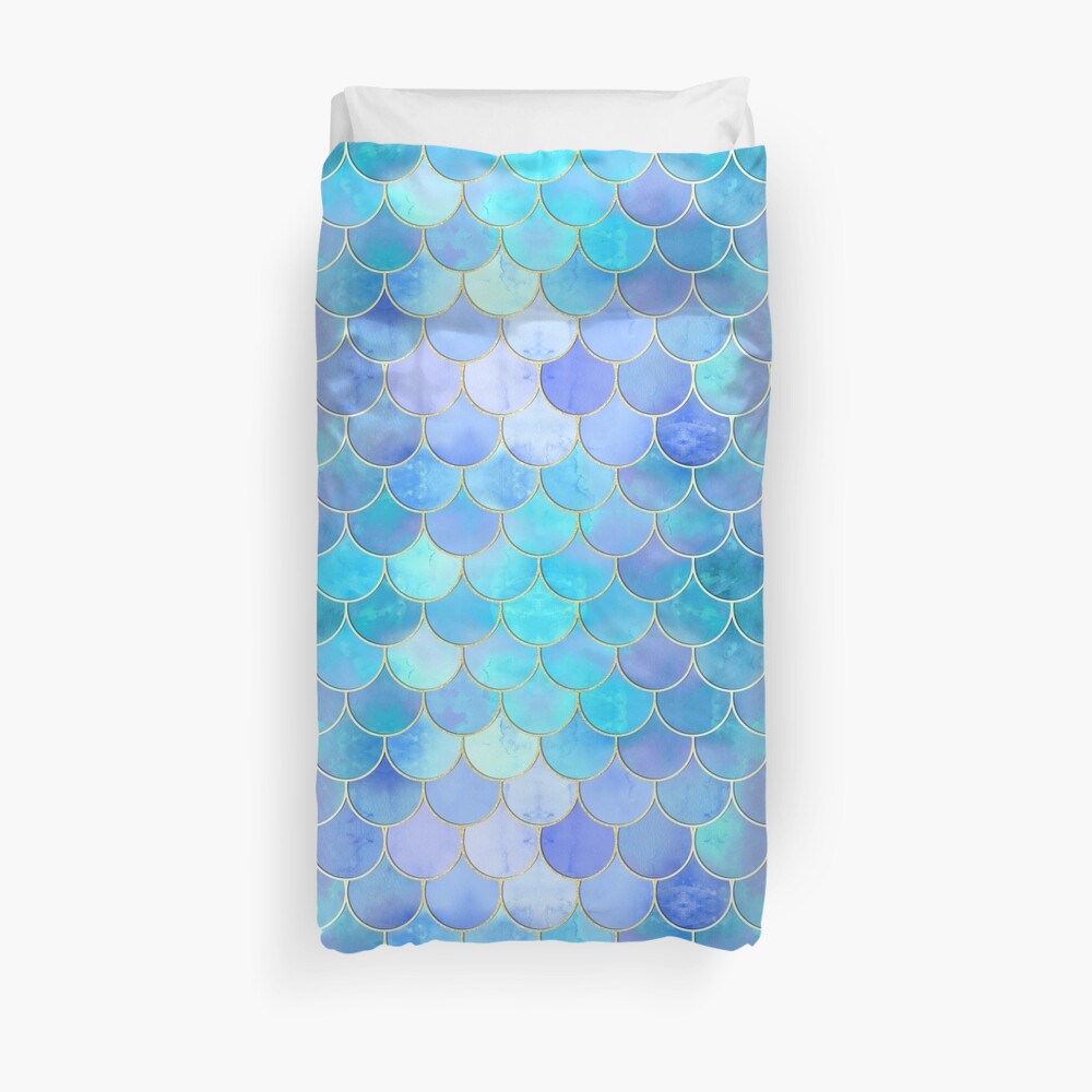Aqua Pearlescent & Gold Mermaid Scale Pattern Duvet Cover