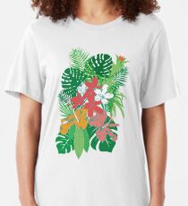 Tropical Flowers Palm Leaves Summer Bouquet Slim Fit T-Shirt