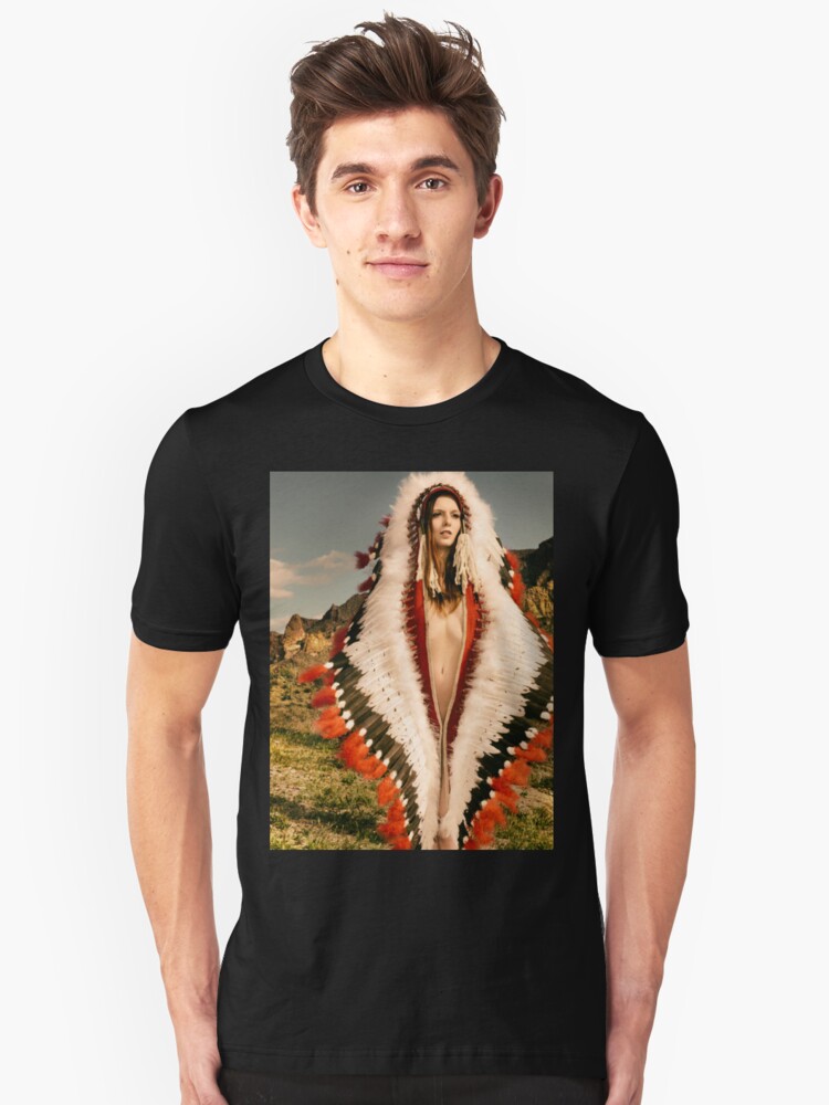 Alternate view of Adorned Feathered Nude 2714 - SurXposed - Classy Girl in Indian Headdress Costume Slim Fit T-Shirt