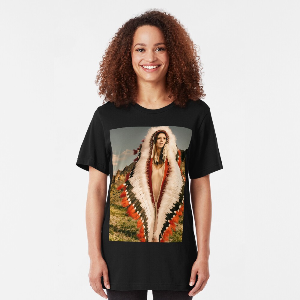 Adorned Feathered Nude 2714 - SurXposed - Classy Girl in Indian Headdress Costume Slim Fit T-Shirt