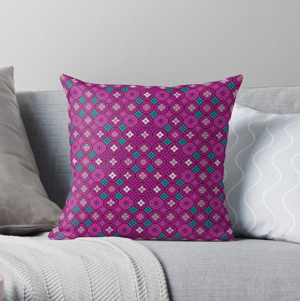 Floral TicTacToe - Deep Pink Throw Pillow