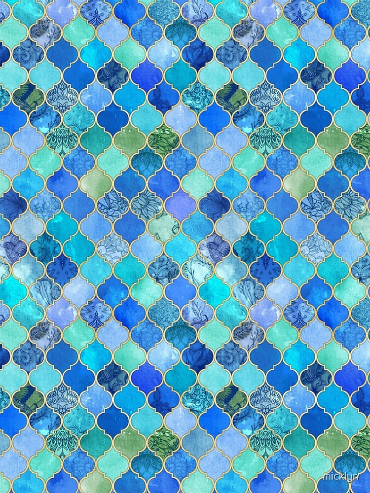 Cobalt Blue, Aqua & Gold Decorative Moroccan Tile Pattern by micklyn