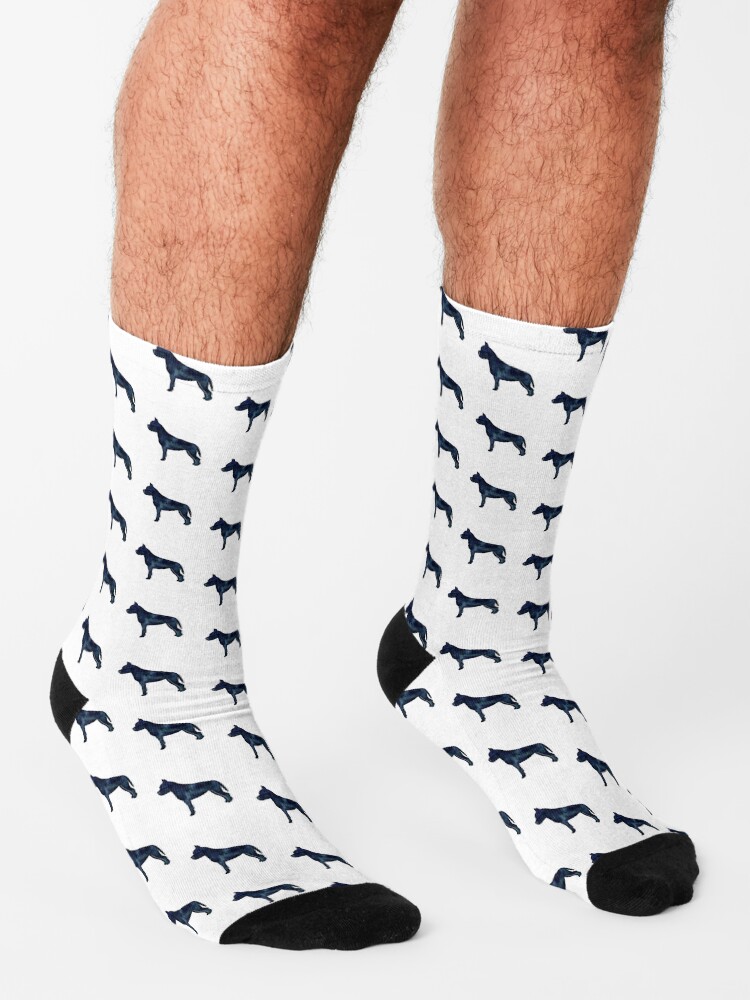 Alternate view of American Staffordshire Bull Terrier Dog Breed Silhouette Black Indigo Blue Watercolor Socks