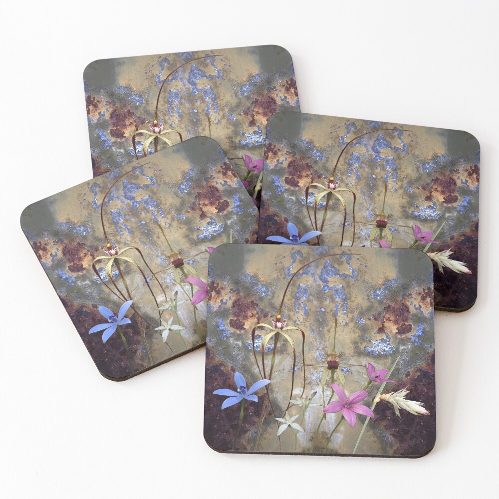 Silky Blue & Orchids with Blue Rusty Metal, native orchids of Western Australia. Coasters (Set of 4)