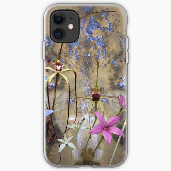 Silky Blue & Orchids with Blue Rusty Metal, native orchids of Western Australia. iPhone Soft Case