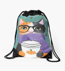 Calico Autumn Coffee Cat Drawstring Bag