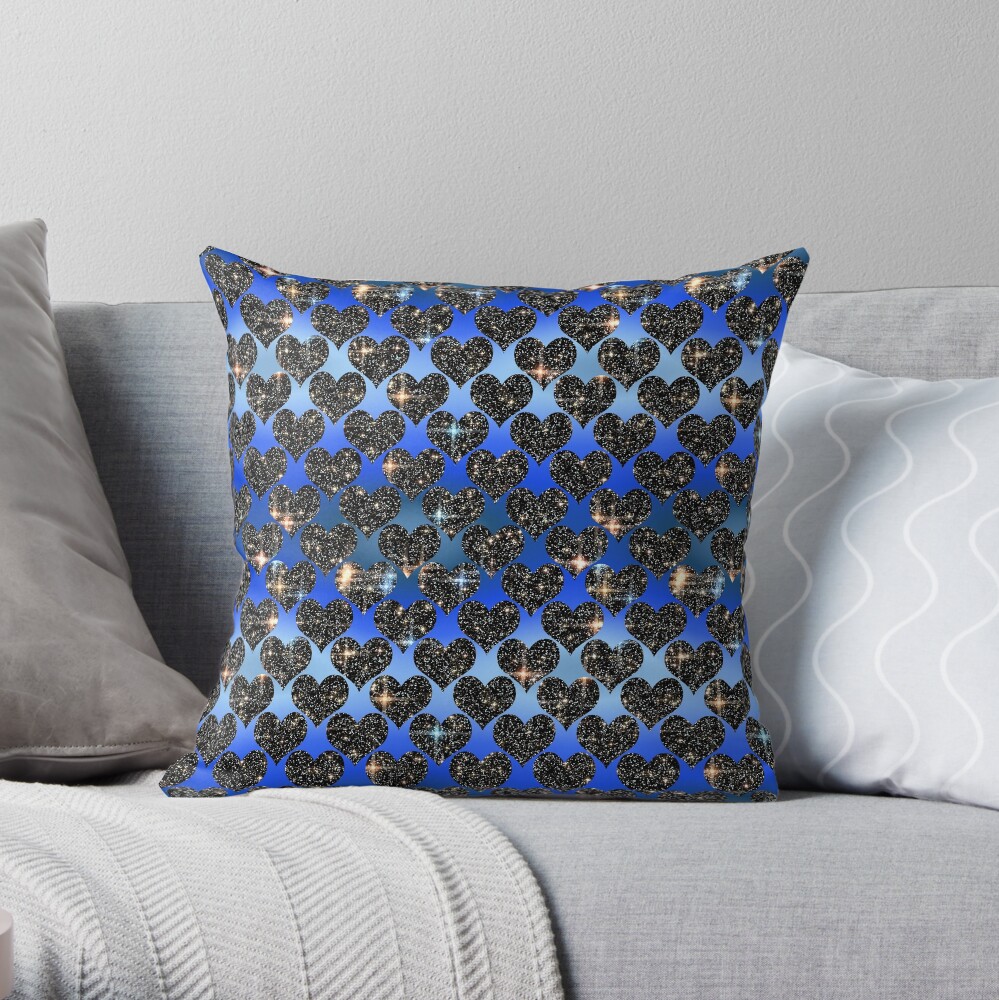 Starry hearts.Blue satin background. Throw Pillow