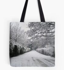 Snow covered road- Walton, Warrington Tote Bag