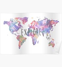 World Map Watercolour Explore Poster