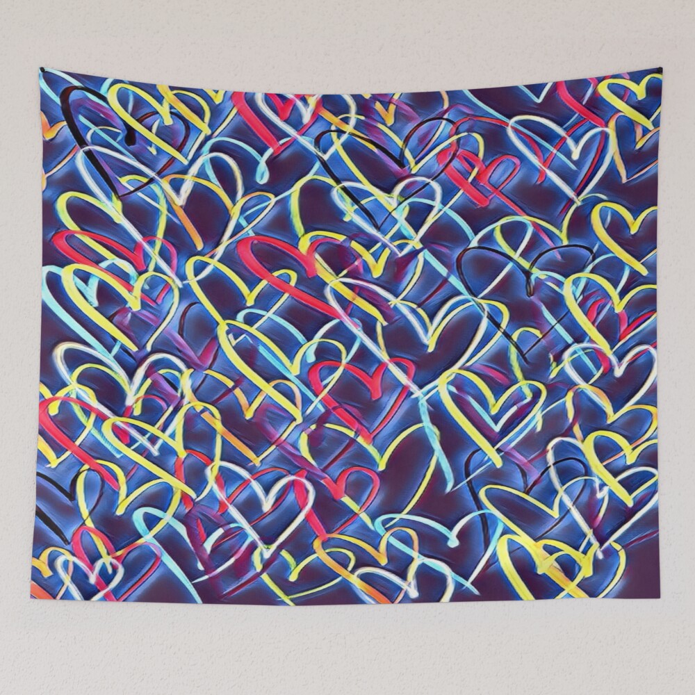 Multicolor Heart Doodle Pattern on a tapestry