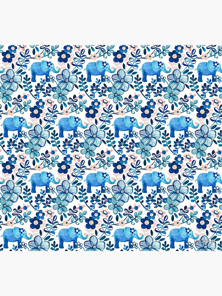 Blush Pink, White and Blue Elephant and Floral Watercolor Pattern by micklyn