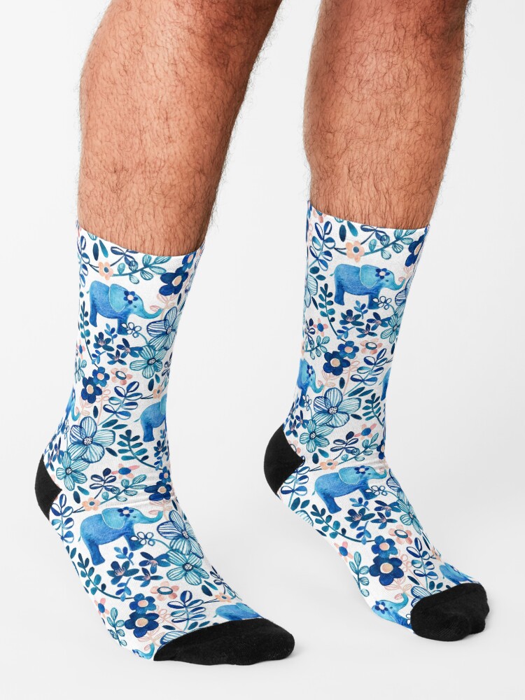 Alternate view of Blush Pink, White and Blue Elephant and Floral Watercolor Pattern Socks