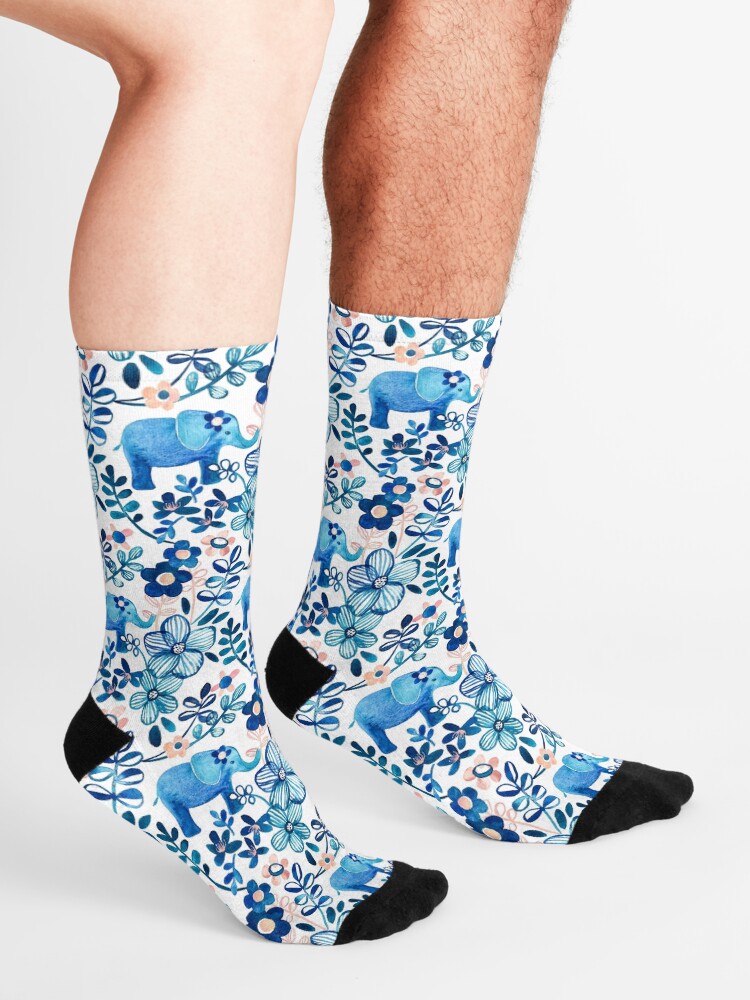 Alternate view of Blush Pink, White and Blue Elephant and Floral Watercolor Pattern Socks