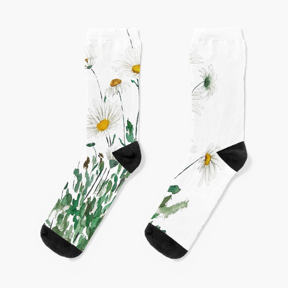 white Margaret daisy watercolor Socks