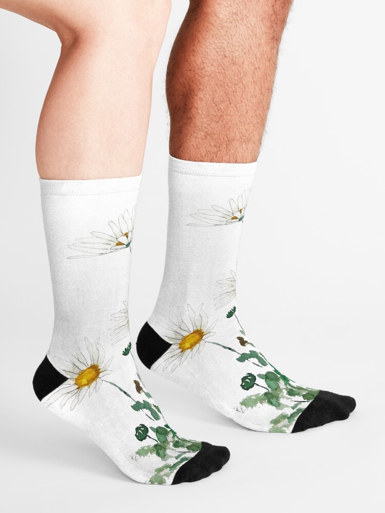 Alternate view of white Margaret daisy watercolor Socks