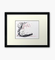 Artistic sumi-e nude portrait of a young girl under a blossoming sakura tree art print Framed Print