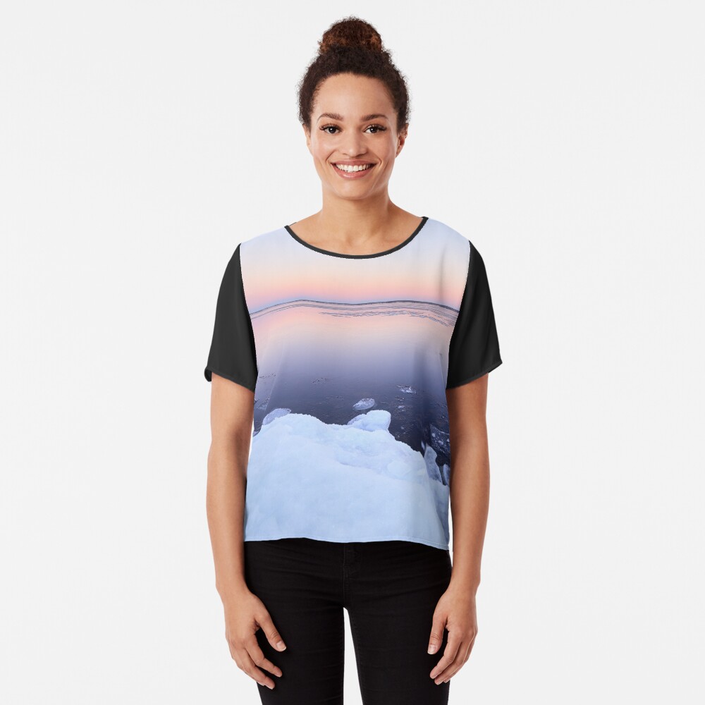Lake scenery at dusk winter in Finland Chiffon Top
