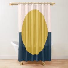 Sun Dot Half Half. Minimalist Geometric Design in Mustard Yellow, Navy Blue, and Blush Pink Shower Curtain