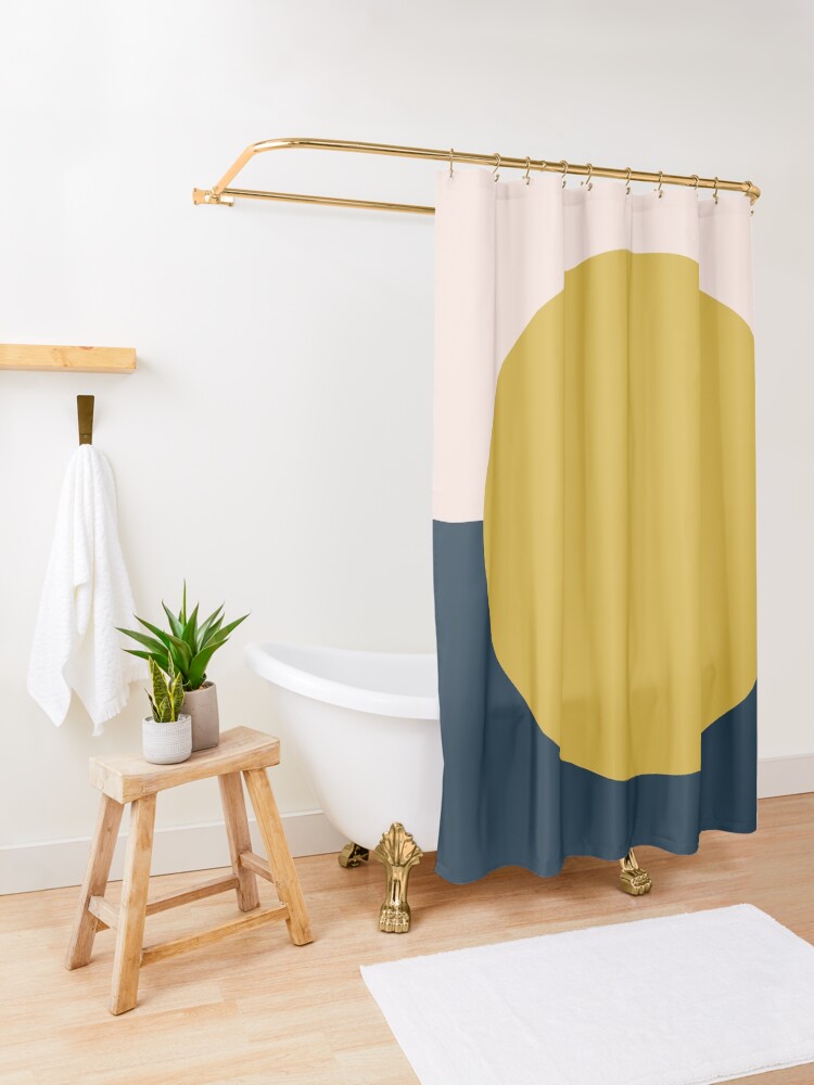 Alternate view of Sun Dot Half Half. Minimalist Geometric Design in Mustard Yellow, Navy Blue, and Blush Pink Shower Curtain