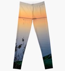 Moored fishing boats at sunset, Lago Trasimeno, Umbria, Italy Leggings