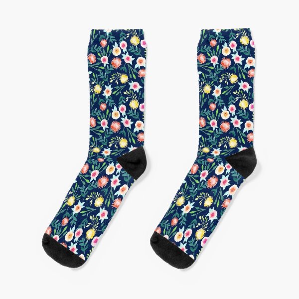 Pink Yellow Watercolor Flowers with Greenery filled with Joy Socks