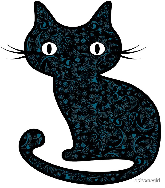 "Black Cat with Blue Floral Swirl Tattoo Pattern" by epitomegirl