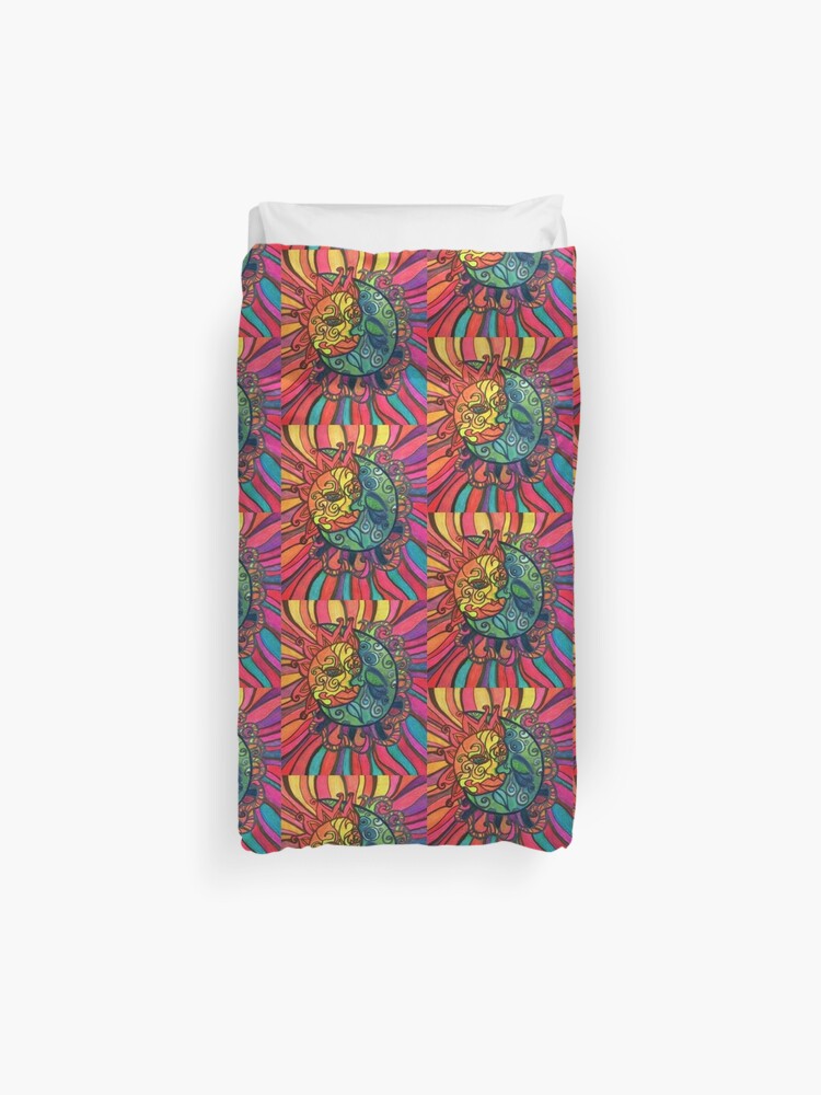 Psychedelic Eclipse Zentangle Sun And Moon Duvet Cover By