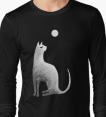 Ghost Cat and Moon in black and white Long Sleeve T-Shirt