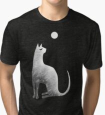 Ghost Cat and Moon in black and white Tri-blend T-Shirt
