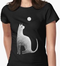 Ghost Cat and Moon in black and white Women's Fitted T-Shirt