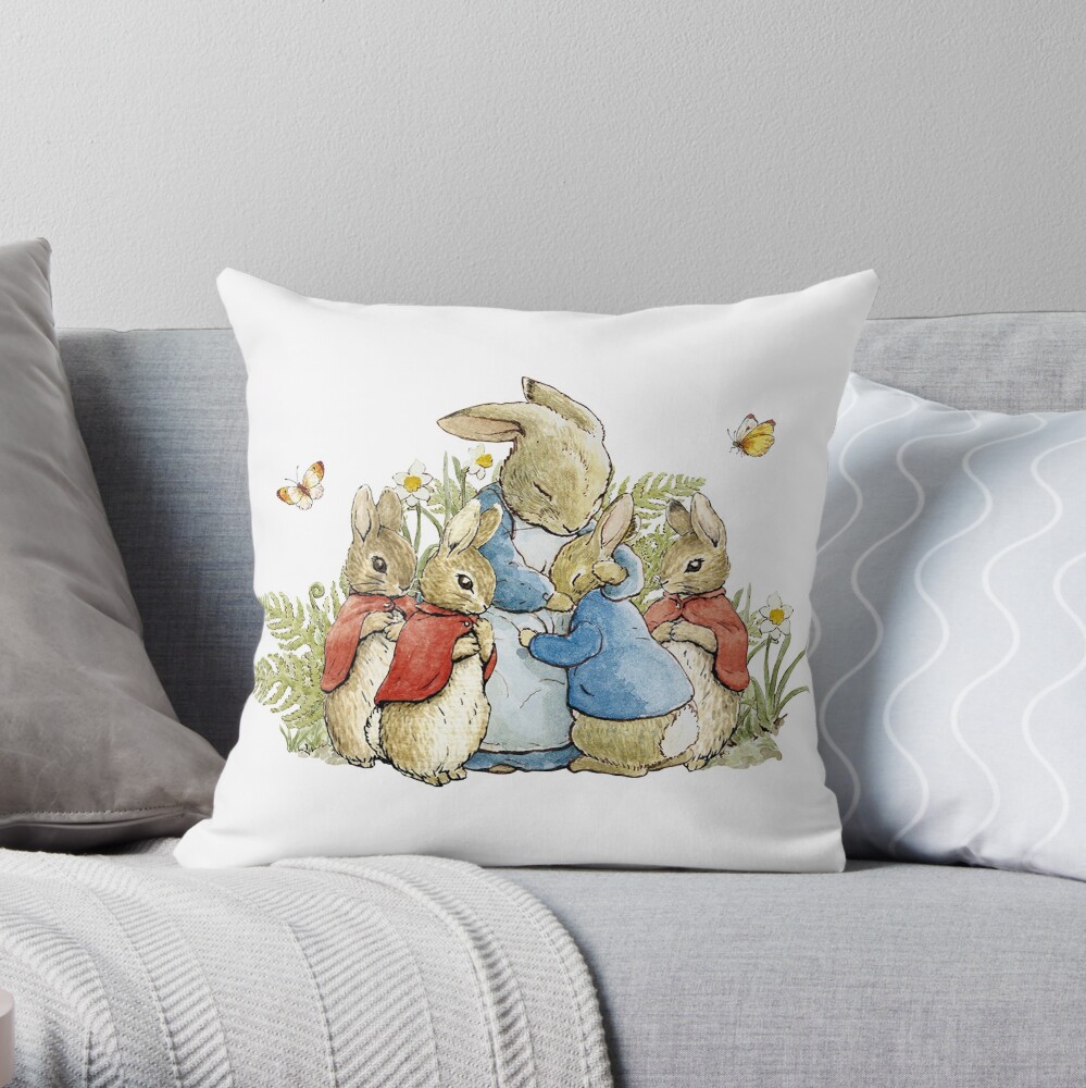 Peter Rabbit With His Family - Beatrix Potter Throw Pillow