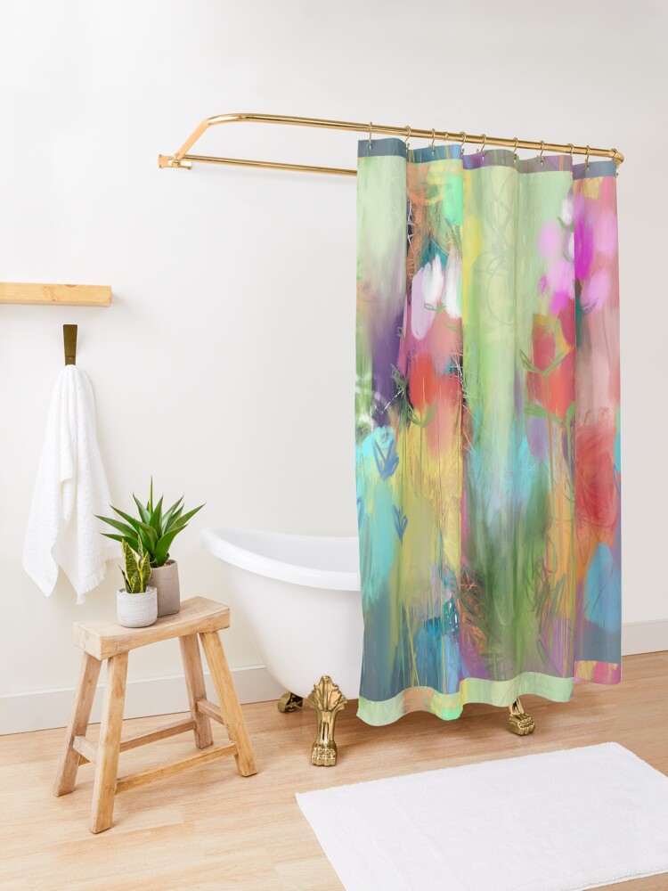 Alternate view of Red Flower Candy Meadow Shower Curtain