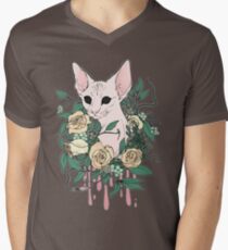 Camiseta de cuello en V Luz Floral Felino
