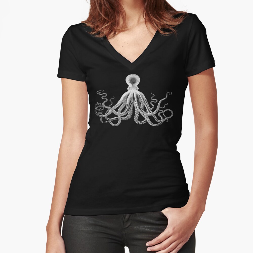 Octopus | Vintage Octopus | Tentacles | Sea Creatures | Nautical | Ocean | Sea | Beach | Black and White | Fitted V-Neck T-Shirt