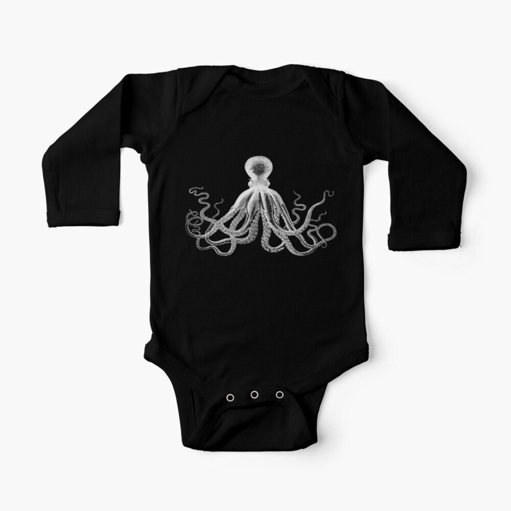 Octopus | Vintage Octopus | Tentacles | Sea Creatures | Nautical | Ocean | Sea | Beach | Black and White | Long Sleeve Baby One-Piece