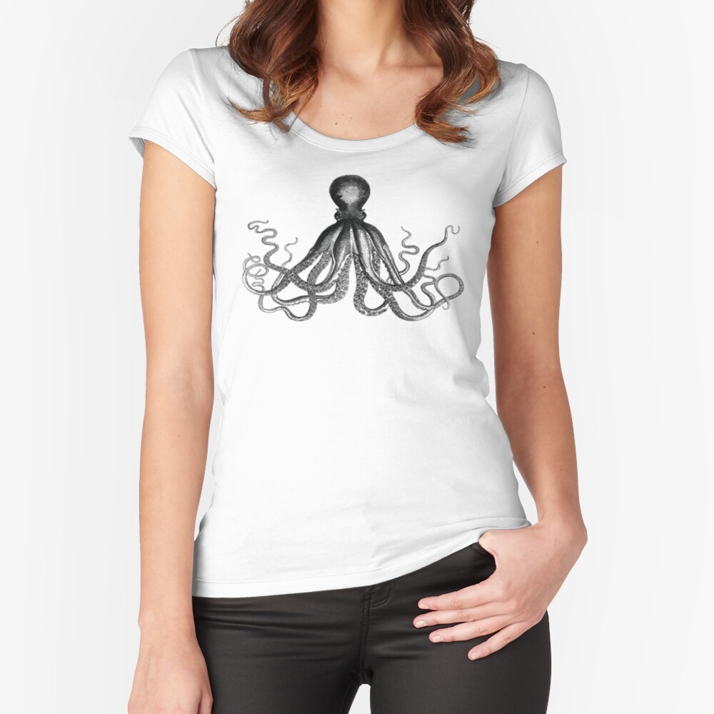 Octopus | Vintage Octopus | Tentacles | Sea Creatures | Nautical | Ocean | Sea | Beach | Black and White | Fitted Scoop T-Shirt