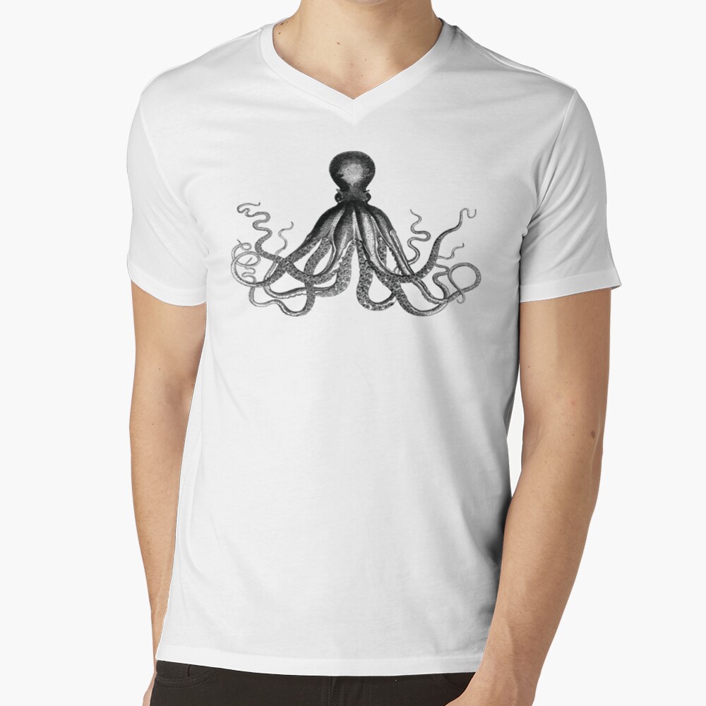 Octopus | Vintage Octopus | Tentacles | Sea Creatures | Nautical | Ocean | Sea | Beach | Black and White | V-Neck T-Shirt