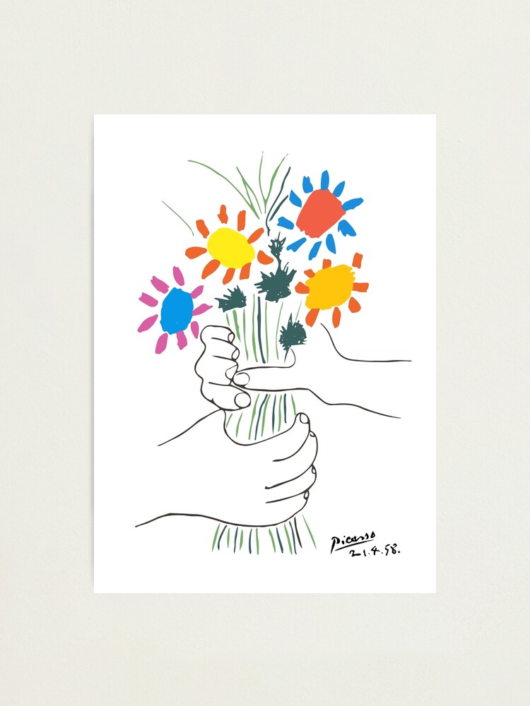 Pablo Picasso Line Art Hands Holding Colorful Flowers Naive Artwork Sketch Hand Drawn Ink Silhouette Hd High Quality Photographic Print