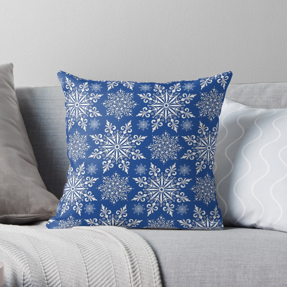Holiday Snowflake Continuous Pattern #1 on Blue Background Throw Pillow