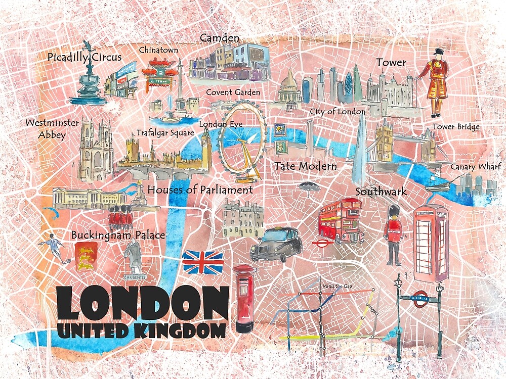 "London UK Illustrated Map with Main Roads, Landmarks & Highlights" by 