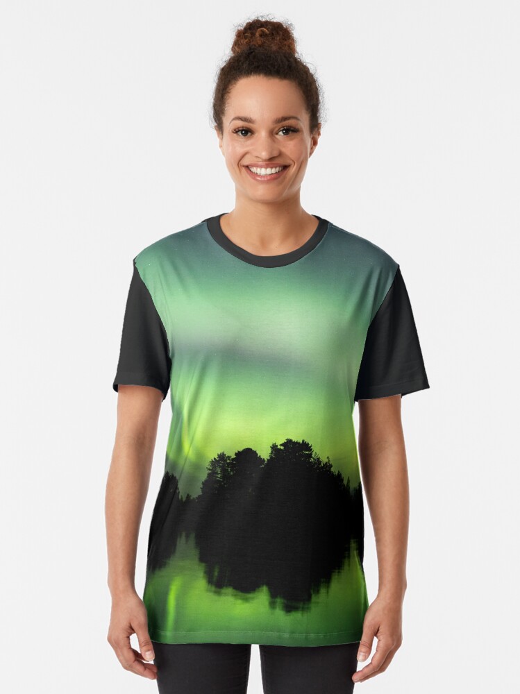 Alternate view of Northern lights glowing over lake in Finland Graphic T-Shirt