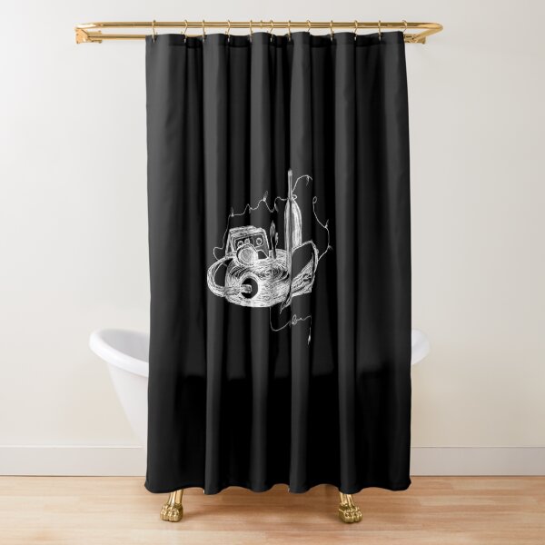 Station Still Life, White on Black Shower Curtain
