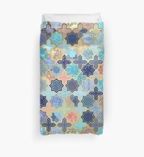 Pfirsich und blaue geometrische Fliesenmuster Bettbezug