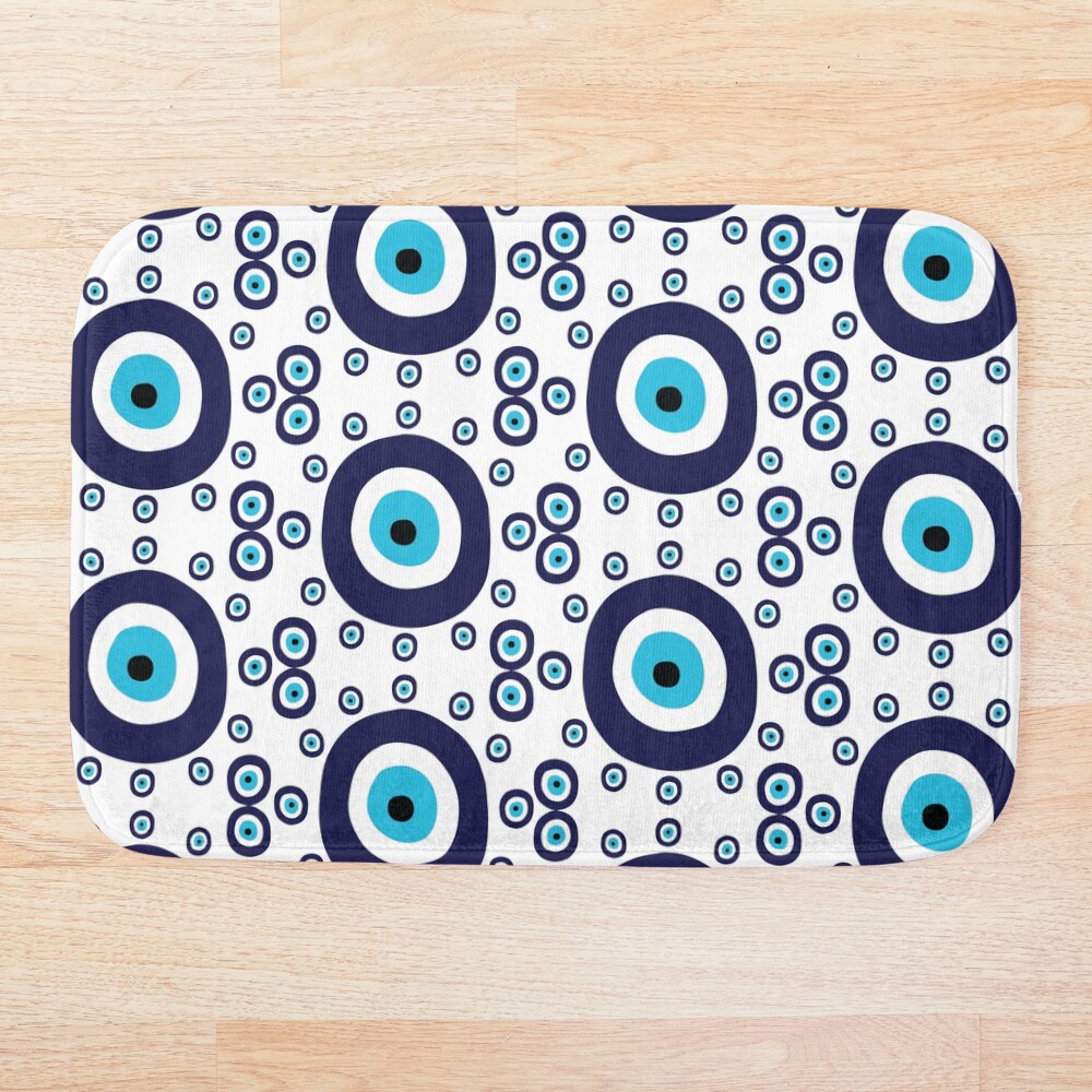 Navy Blue and Aqua Nazar Evil Eye Lucky Charm Pattern Bath Mat