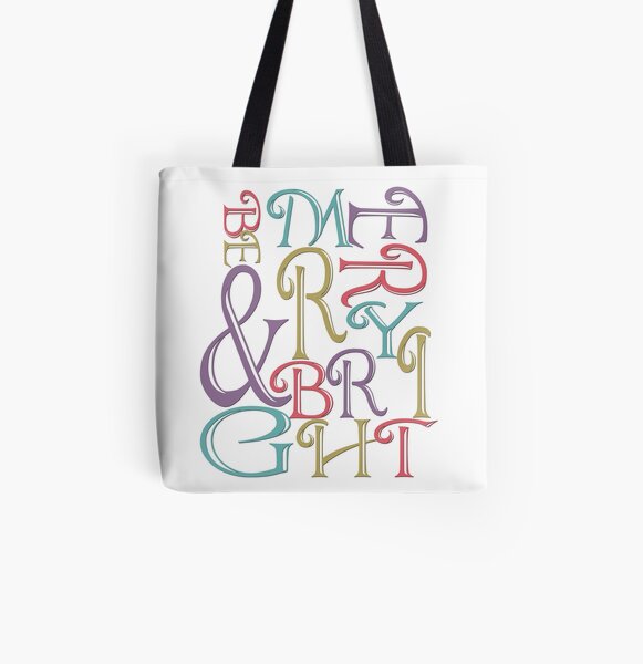 Modern Typography Merry and Bright All Over Print Tote Bag