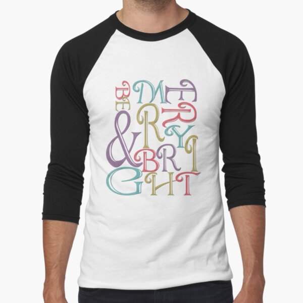 Modern Typography Merry and Bright Baseball ¾ Sleeve T-Shirt