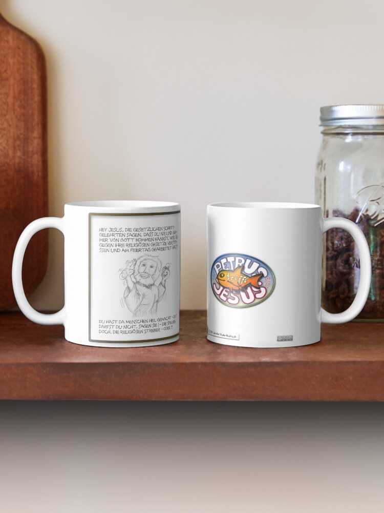Alternative Ansicht von Petrus trifft Jesus - Cartoon-Design - Die spinnen die religösen Streber ! Tasse