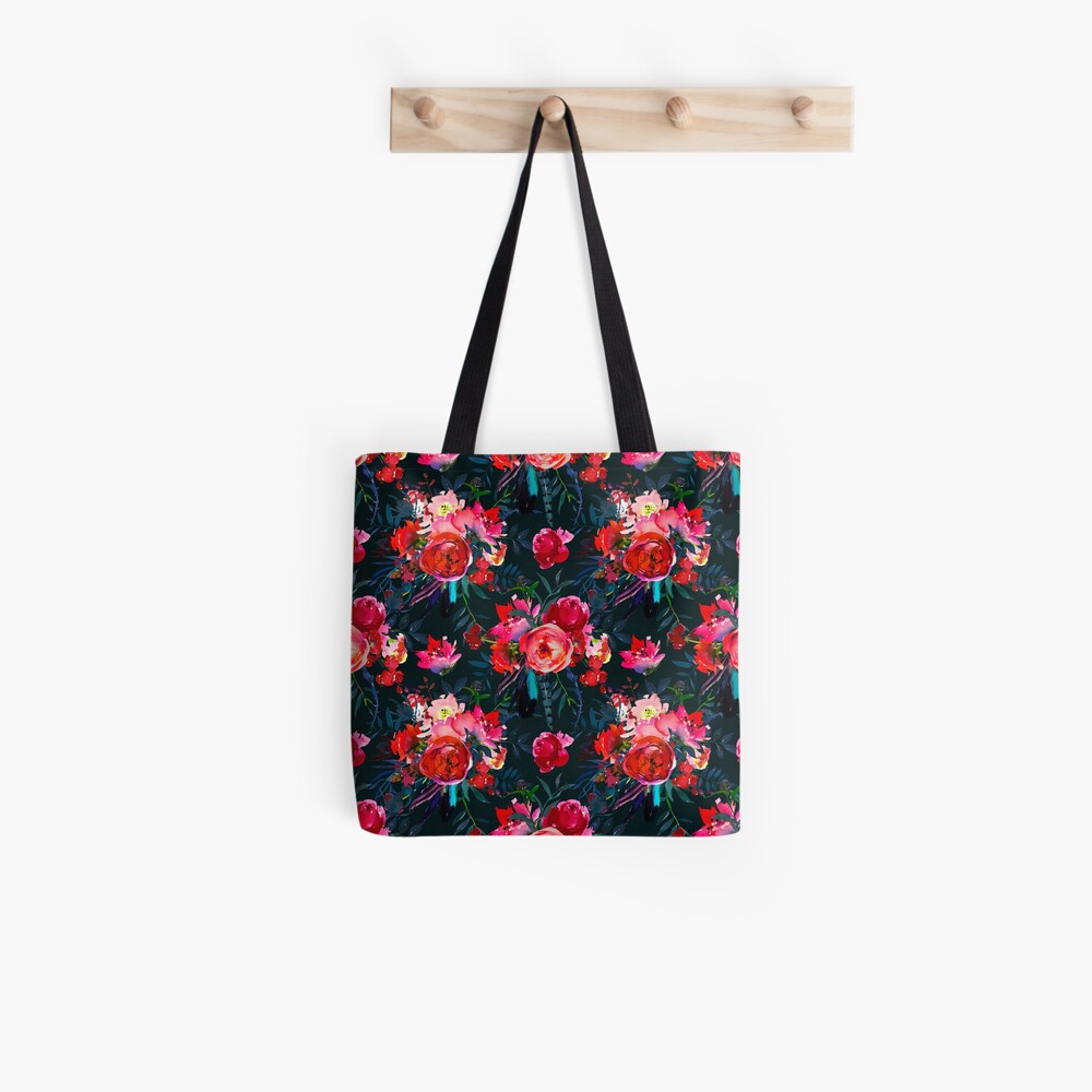 Neon pink fuschia black watercolor modern floral Tote Bag